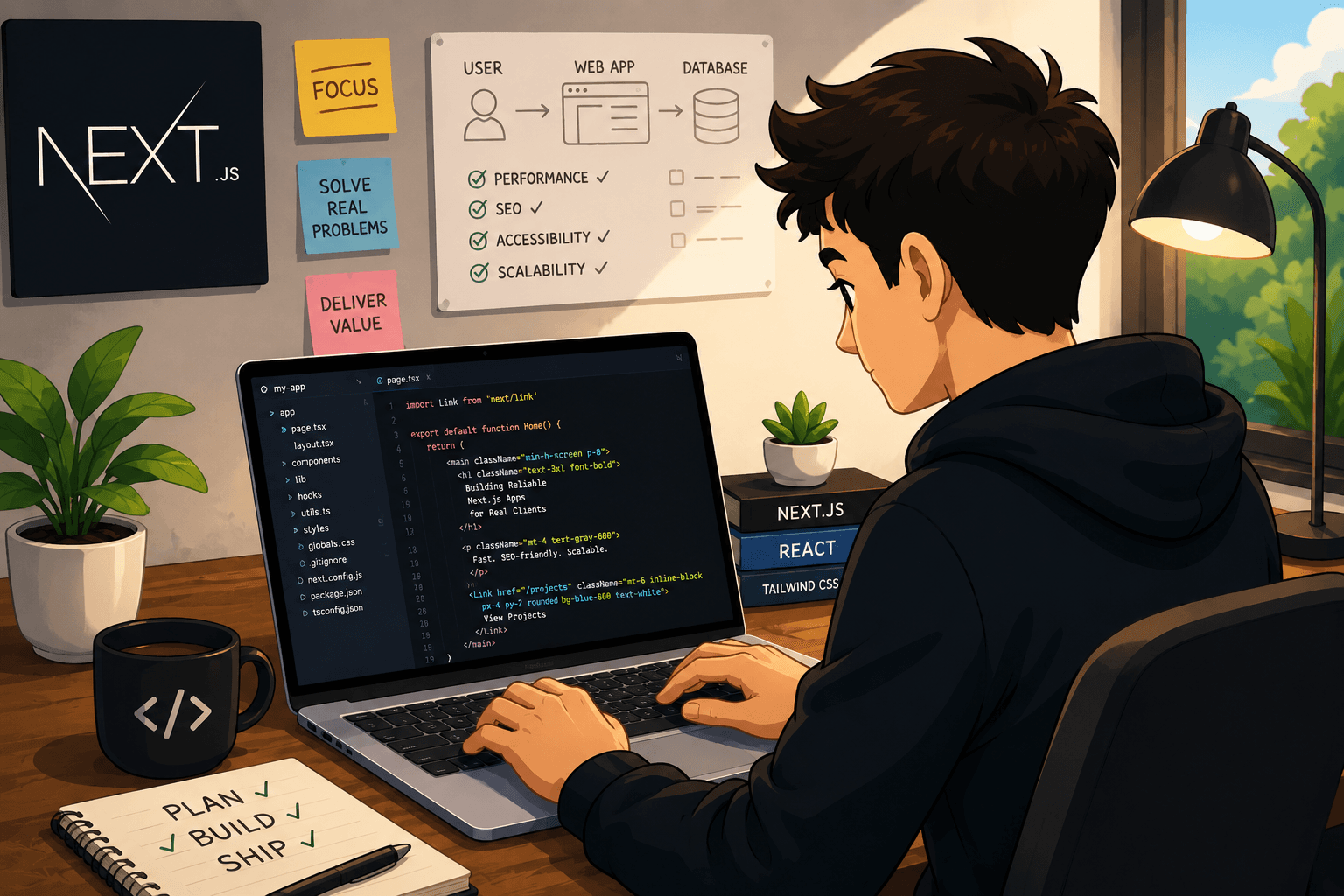 Next.js developer workspace showing code, planning notes, and web app architecture
