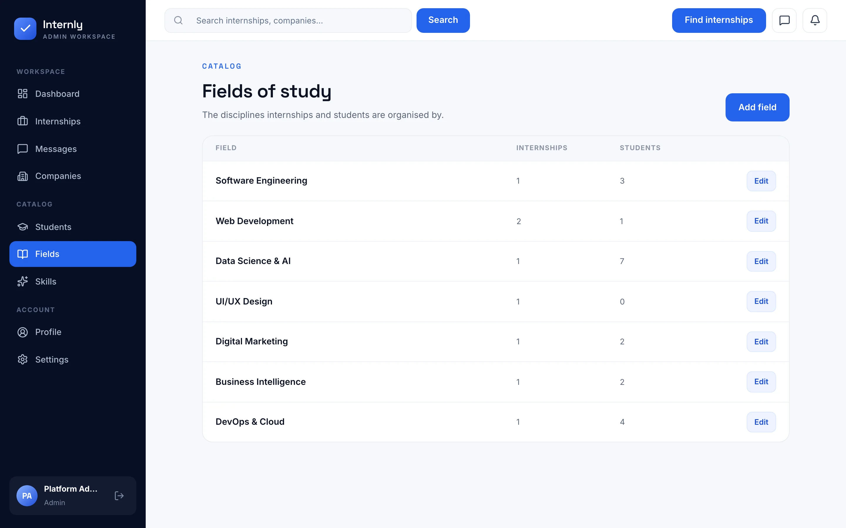 Internly fields of study screen