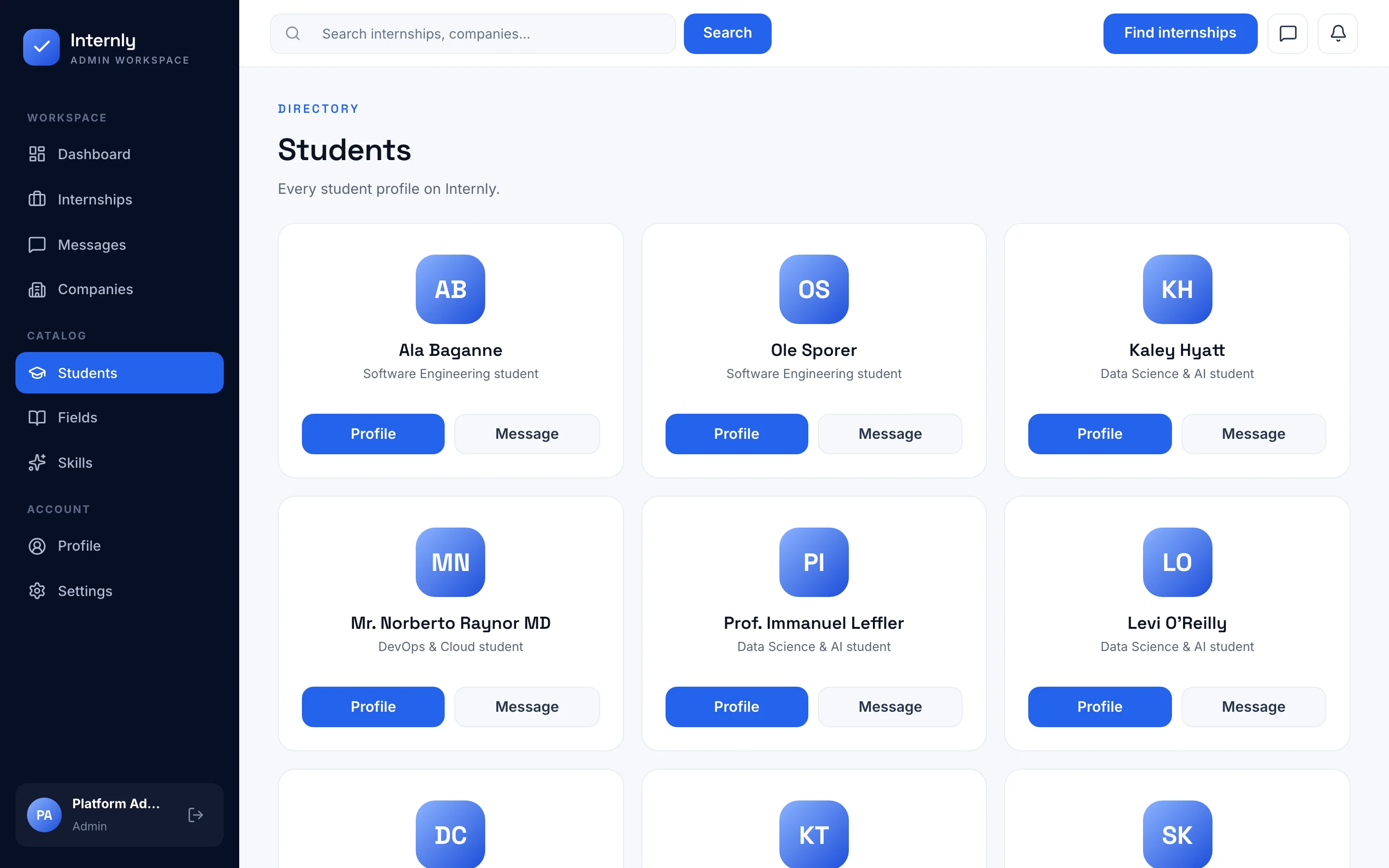 Internly students screen
