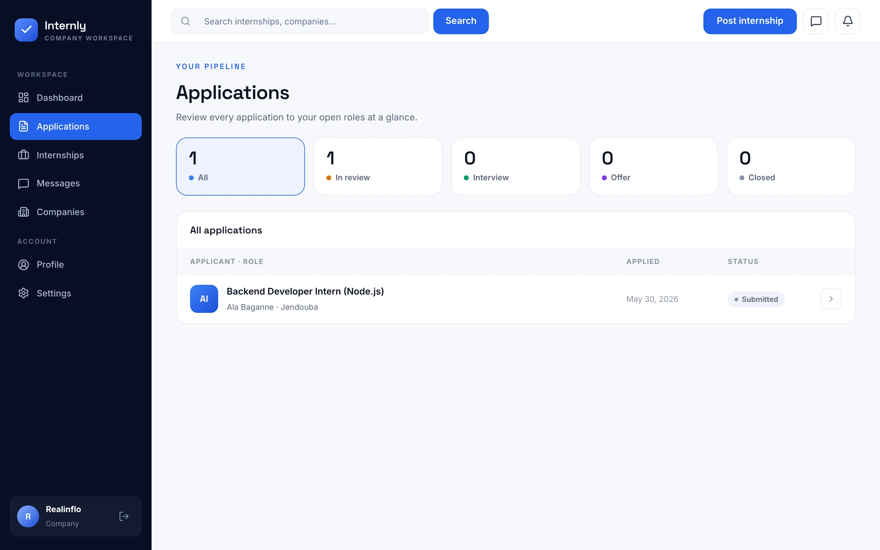 Internly applicants screen
