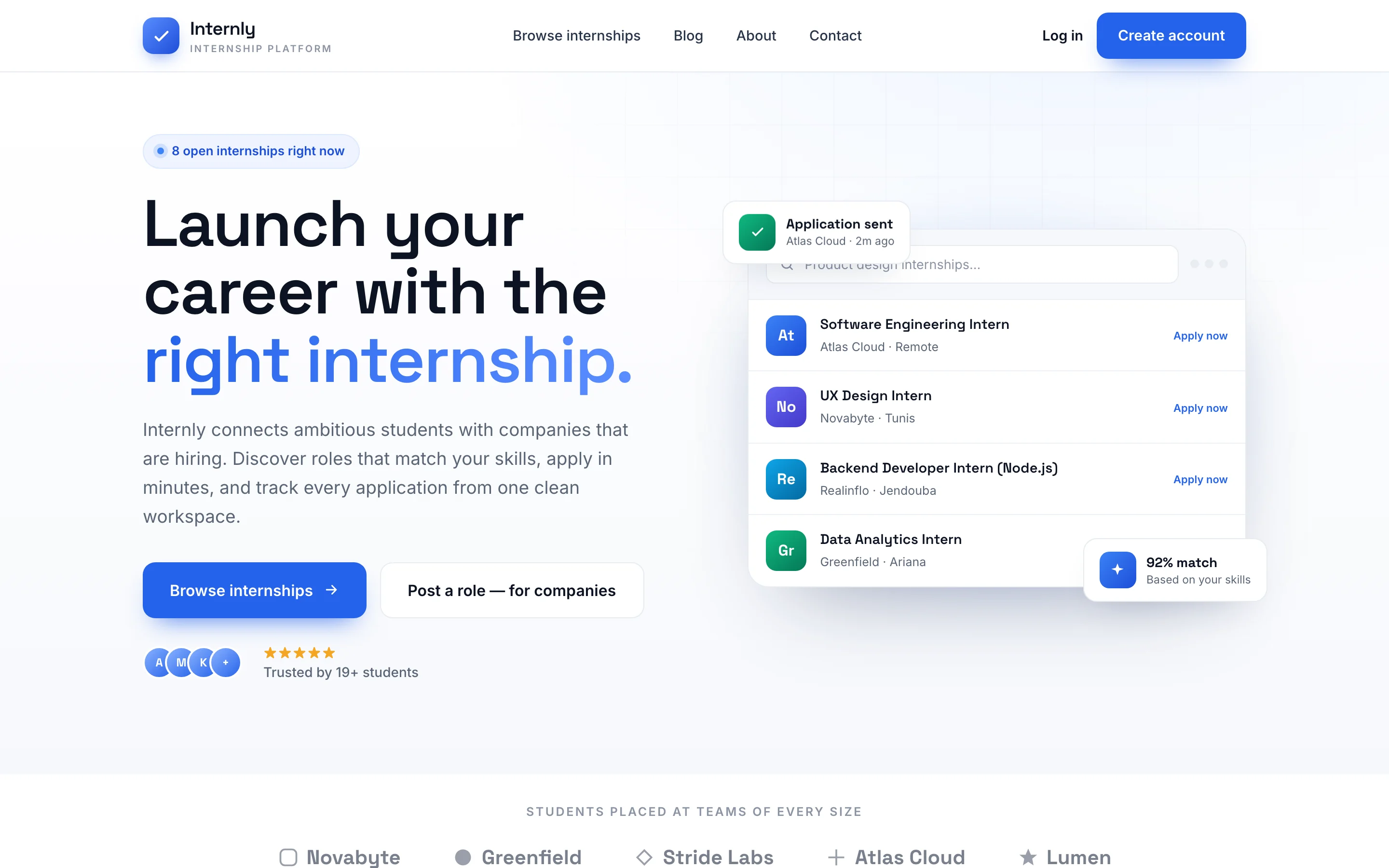 Internly landing page screen