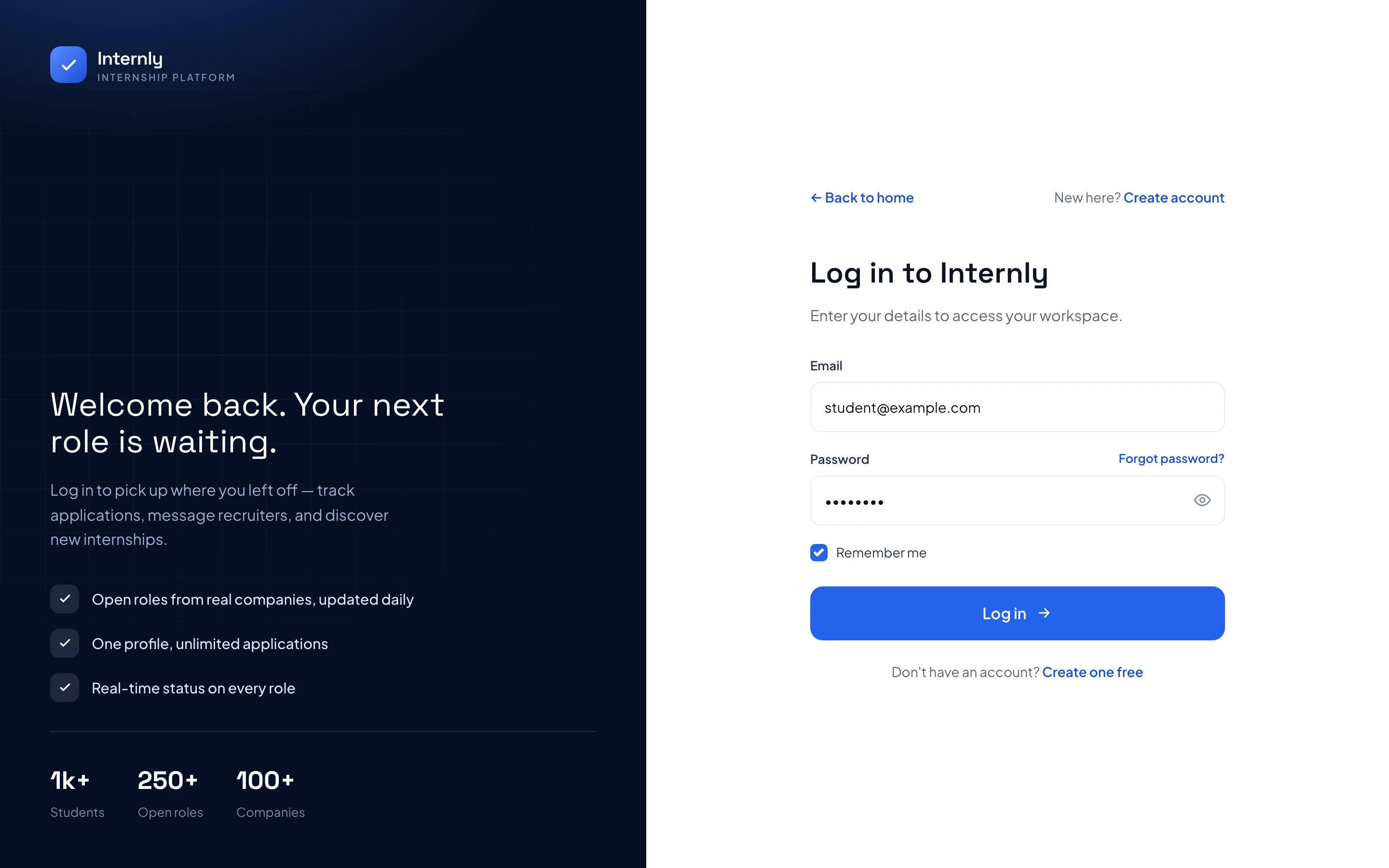 Internly log in screen