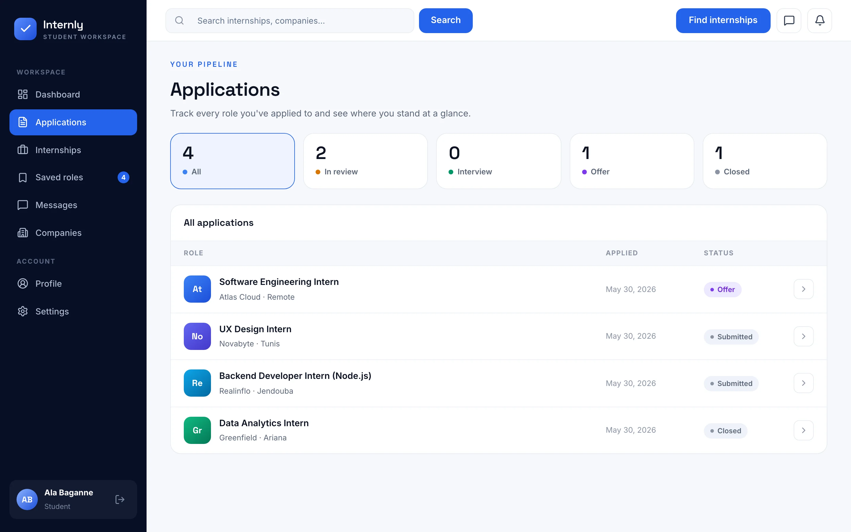 Internly application tracking screen