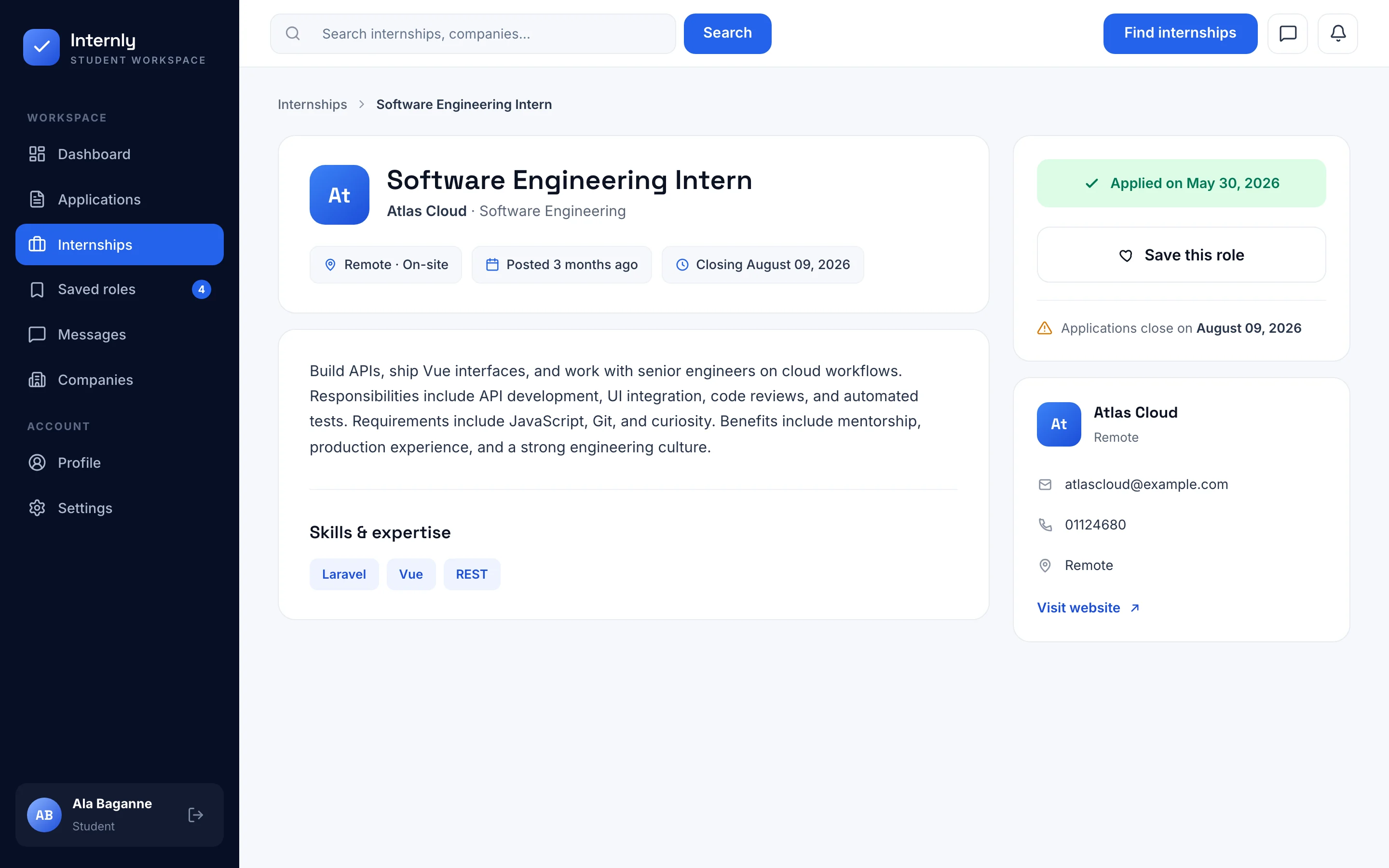 Internly internship details screen