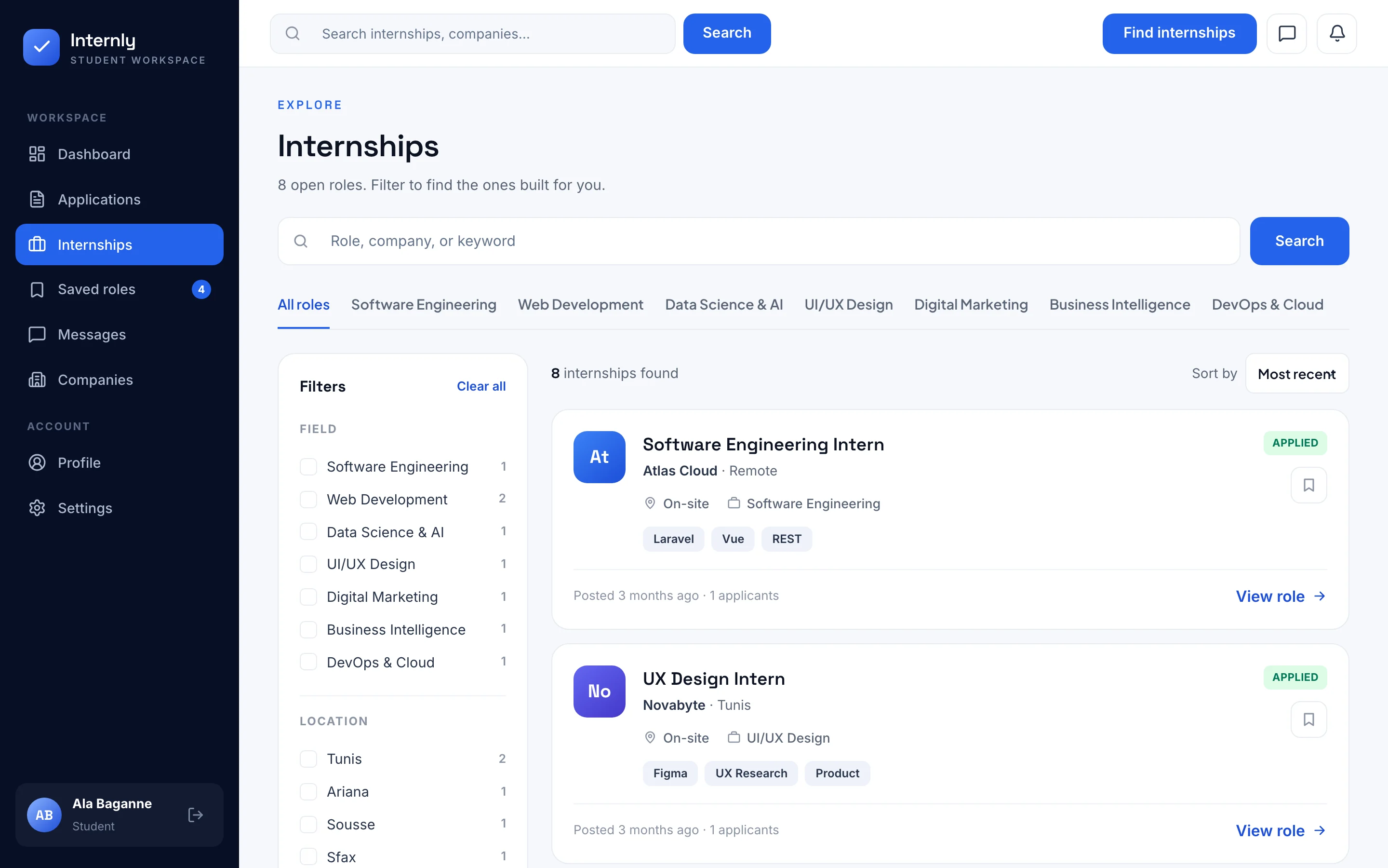 Internly browse internships screen