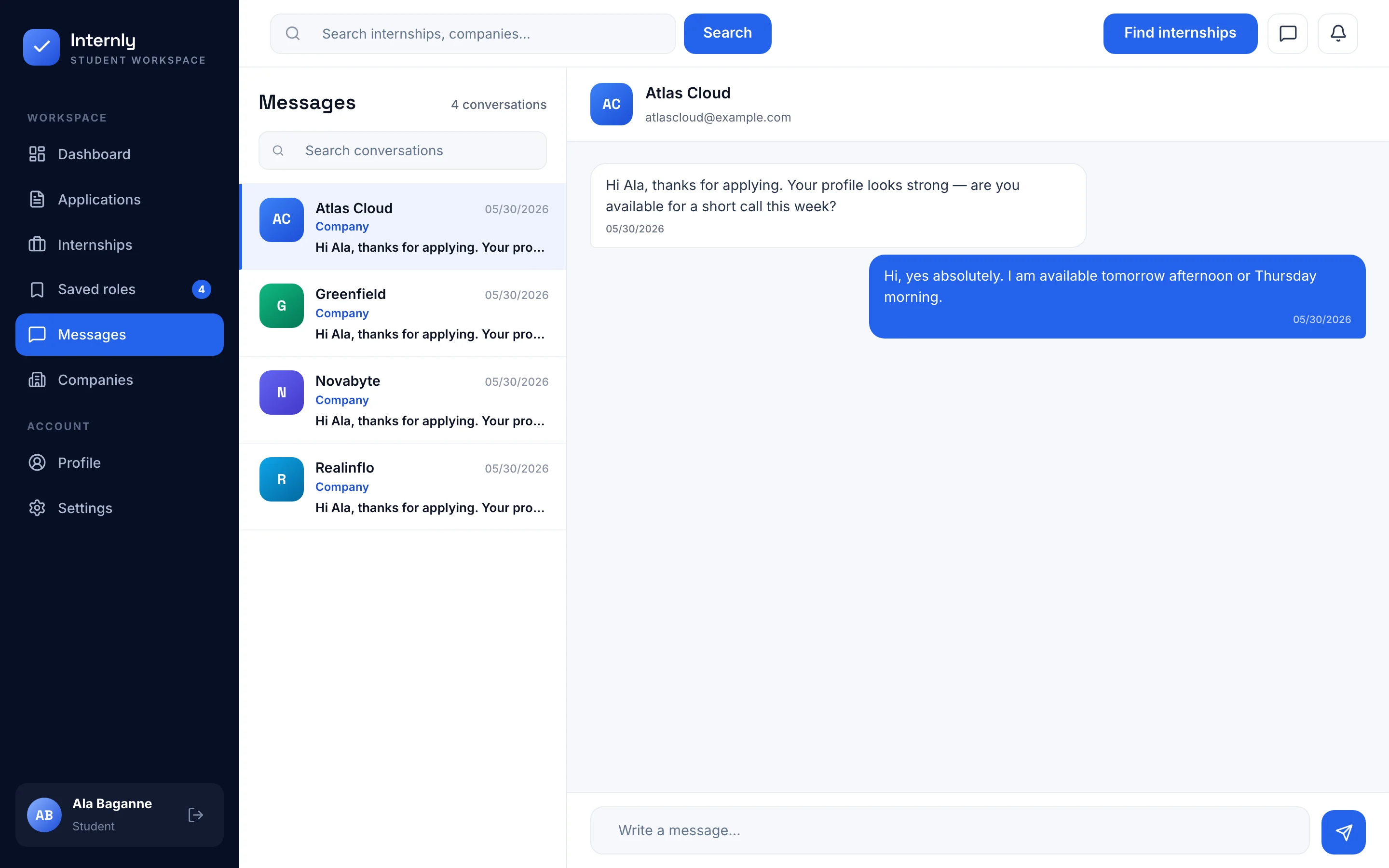Internly messages screen
