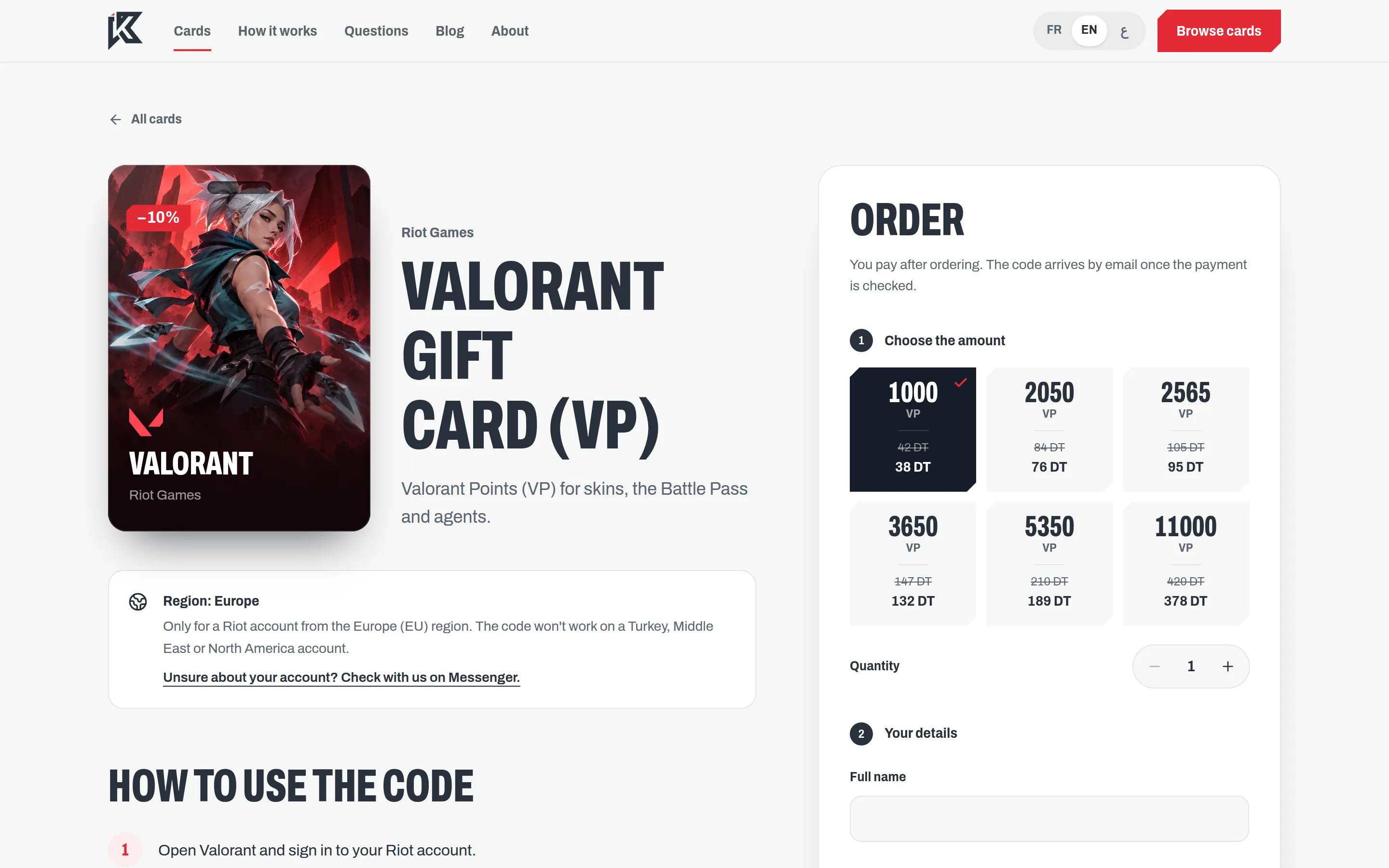 KartaTunisie’s Valorant product page in English, with amounts priced in dinars and the order form.