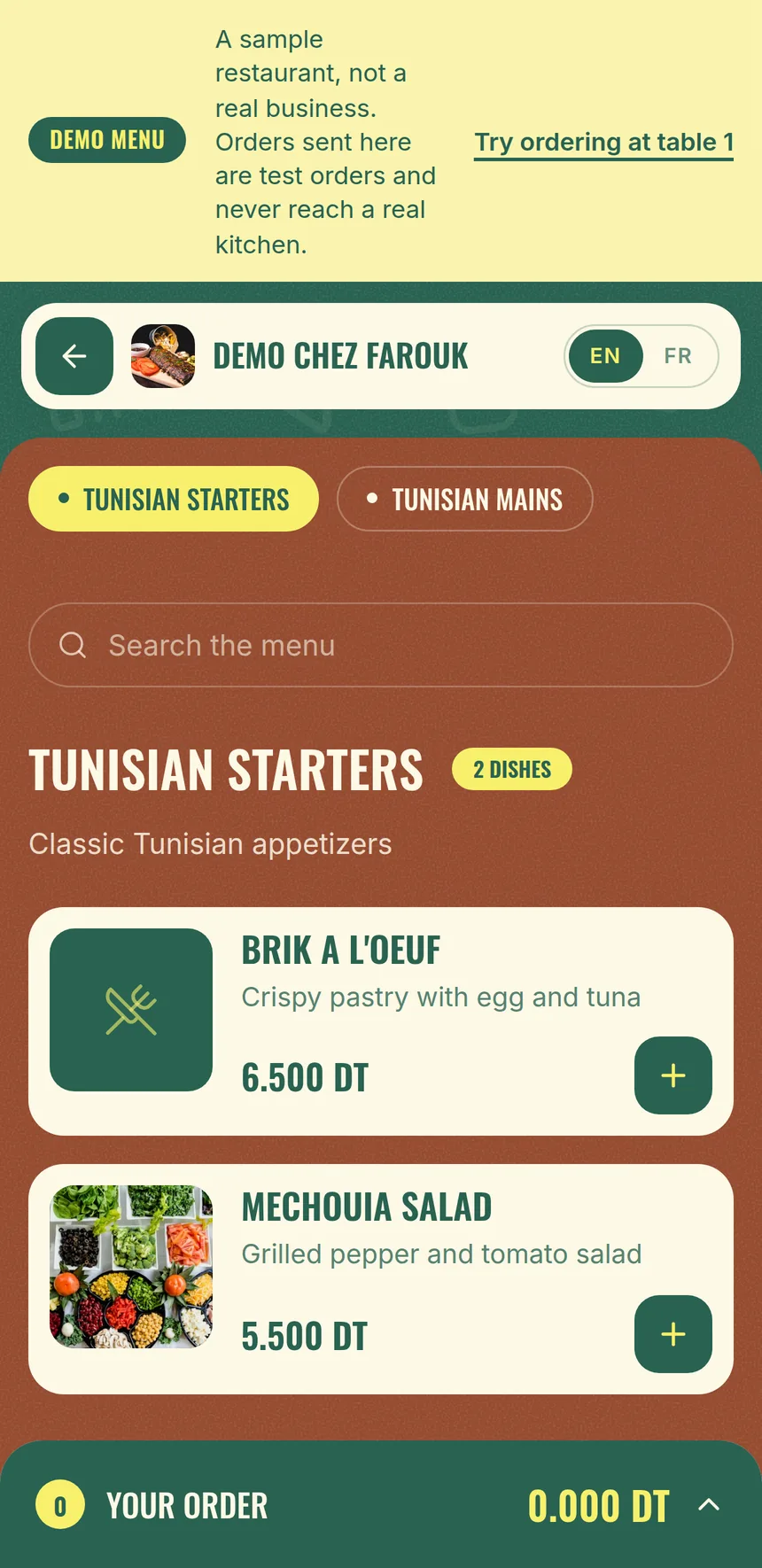 MenuMate’s public demo menu on a phone: Tunisian starters with prices in dinars and the order bar at the bottom.