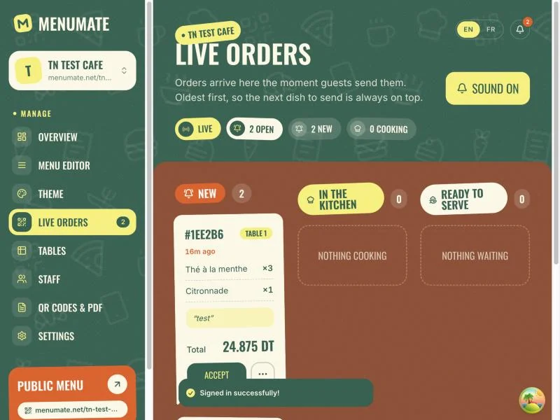 MenuMate dashboard showing the live orders board, with a new order from table 1 in a test café.