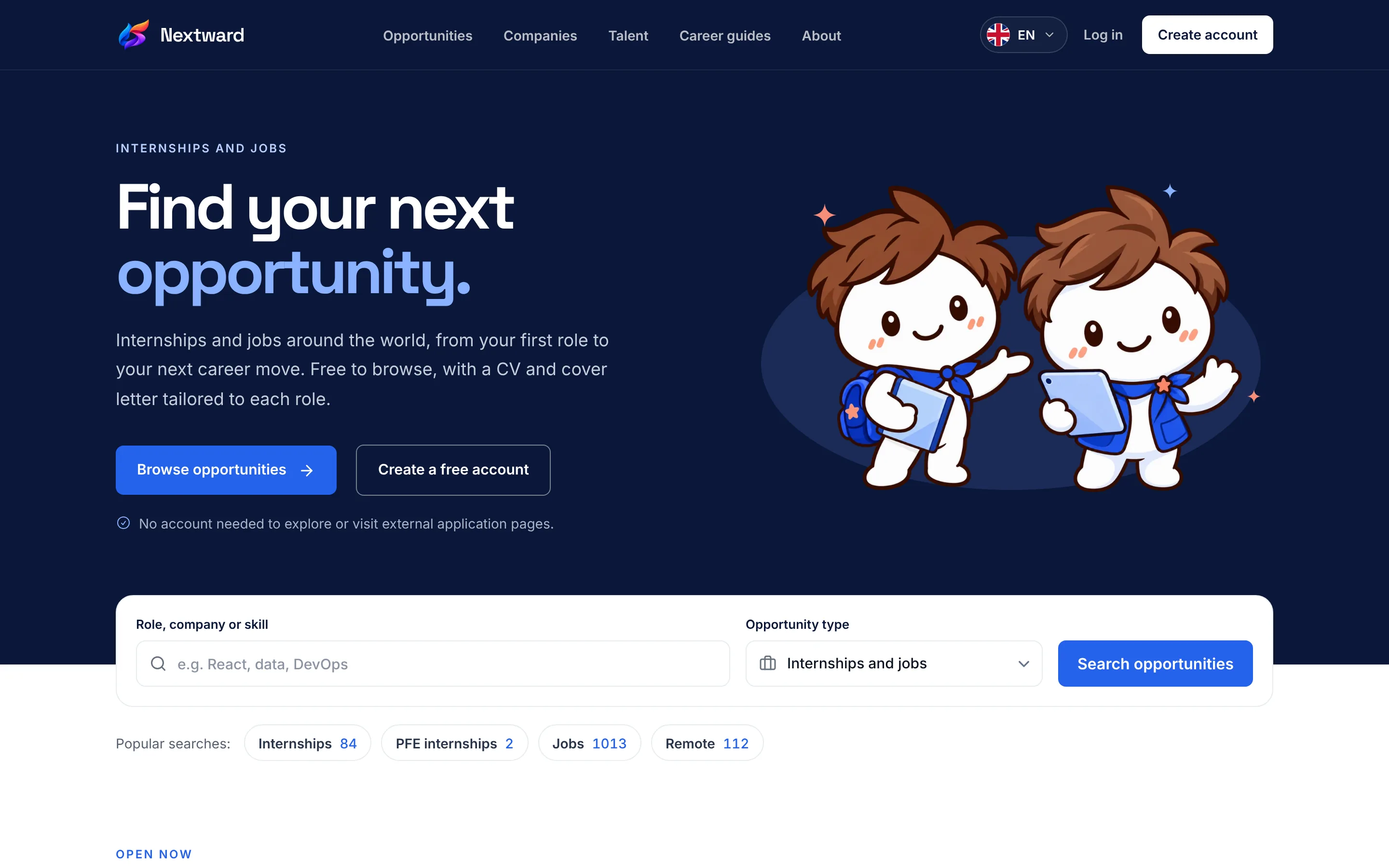 Nextward home page screen