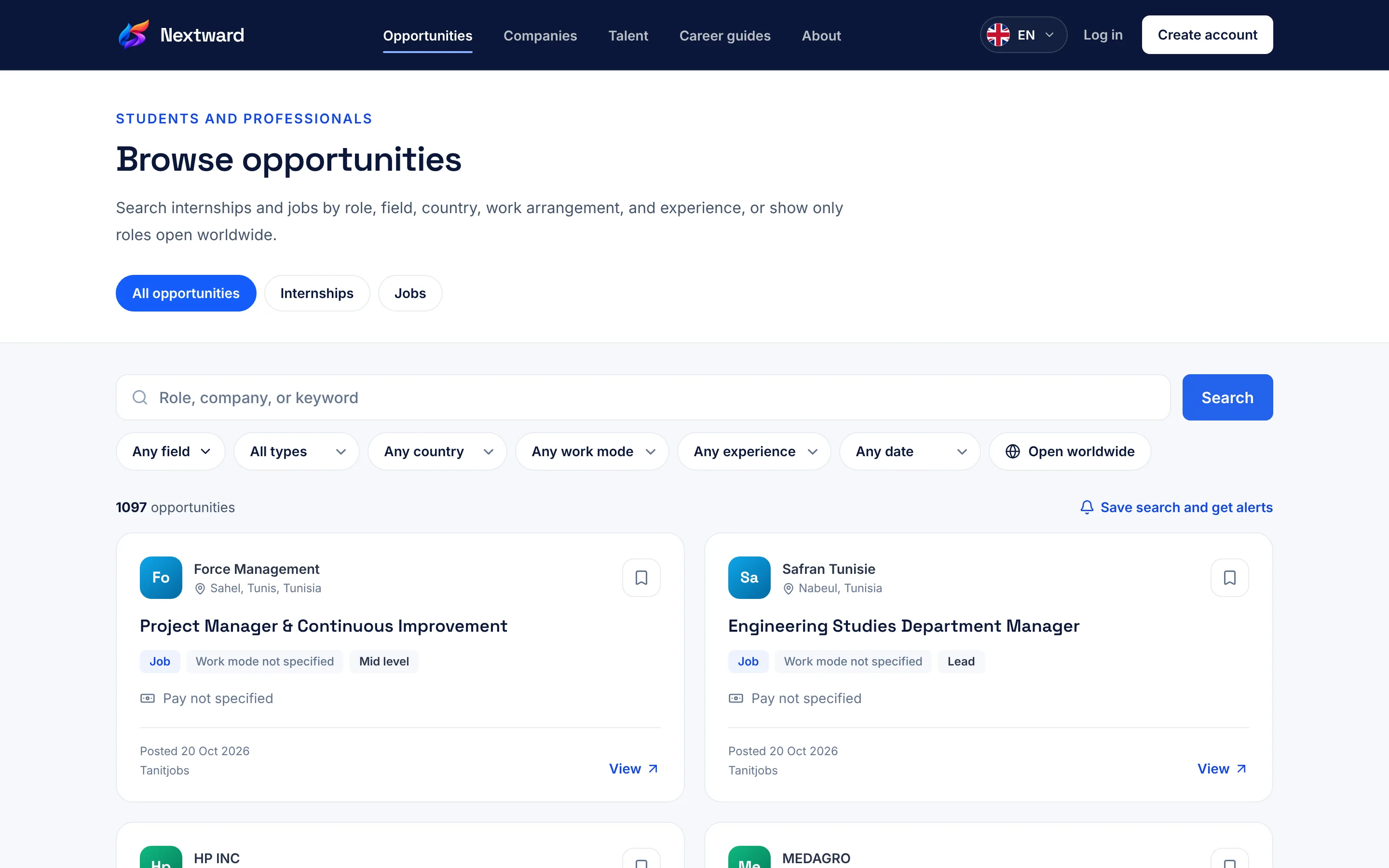 Nextward browse opportunities screen