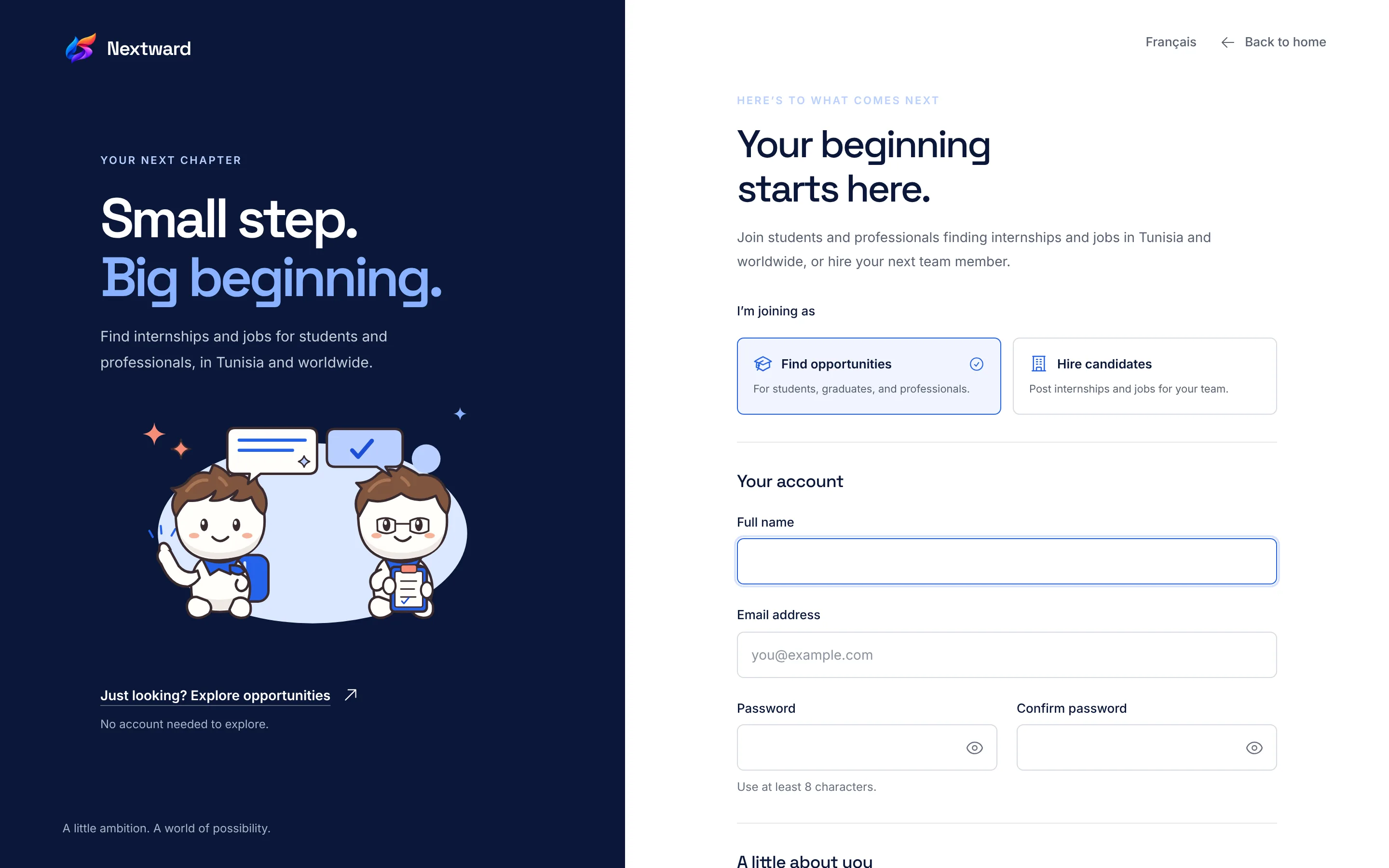 Nextward sign up screen